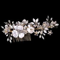 Cabelo nupcial decorativa Comb, liga de zinco, with Pérolas de plástico ABS & cristal, Flor, cromado de cor dourada, para noivas & facetada & com strass, Chumbo e cádmio livre, 150mm, vendido por PC