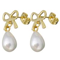 Stainless Steel Drop Earring, med Glass Pearl, Bowknot, guldfarve belagt, for kvinde, 21mm, 7.5x14mm, 6par/Lot, Solgt af Lot