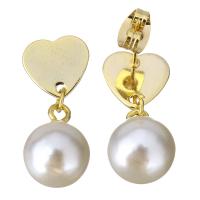 Nehrđajući čelik Drop naušnica, s Staklo Pearl, Srce, zlatna boja pozlaćen, za žene, 24mm, 10x13mm, 6Parovi/Lot, Prodano By Lot