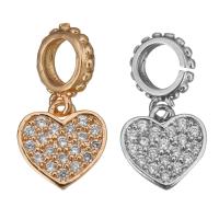 Messing European vedhæng, Heart, forgyldt, Micro Pave cubic zirconia & uden trold, flere farver til valg, 16mm, 9x9x1.5mm, Hole:Ca. 4.5mm, 10pc'er/Lot, Solgt af Lot