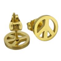 Stainless Steel Stud Øreringe, Peace Logo, guldfarve belagt, for kvinde, 9mm, 10par/Lot, Solgt af Lot