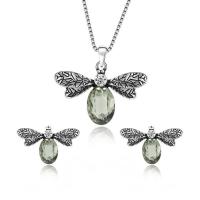 Zinc Alloy Sieraden set, Stud Oorbel & halsketting, met Glas Edelsteen, Dragonfly, silver plated, box ketting & voor vrouw & gefacetteerde & met strass & zwart maken, 25x15mm, 33x28mm, Lengte Ca 17.5 inch, Verkocht door Stel