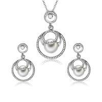 Zinc Alloy Smykker Set, ørering & halskæde, med Plastic Pearl, sølvfarvet forgyldt, oval kæde & for kvinde & med rhinestone, 20x34mm, 23x40mm, Længde Ca. 17 inch, Solgt af sæt