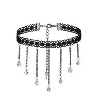 Krajka Choker Necklace, s Zinek, železo Karabinky, s 5cm extender řetězce, á, pro ženy & s drahokamu, černý, 300mm, Prodáno za Cca 11.5 inch Strand