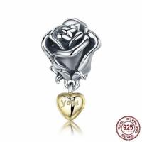 925 Sterling Silver European μενταγιόν, Rose, λέξη σας, επιχρυσωμένο, χωρίς troll & δύο τόνος, 10x18mm, Τρύπα:Περίπου 4.5-5mm, Sold Με PC