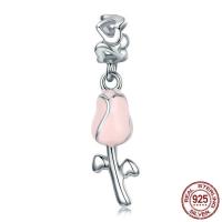 925 Sterling Silver European pakabukas, Rose, paplatinuota, be Troll & emalė, 7x26mm, Pardavė PC