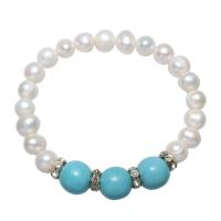 Pearl Fionnuisce Bracelet, le Turquoise sintéiseach & Prás, Prátaí, nádúrtha, do bhean & le rhinestone, bán, 12mm, Díolta Per Thart 7.5 Inse Snáithe