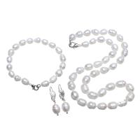 Sladkovodní Pearl Šperky Set, Stud náušnice & náramek & náhrdelník, s Mosaz, Rýže, přírodní, pro ženy, bílý, 8-9mm, Délka Cca 17 inch, Cca 7 inch, Prodáno By nastavit