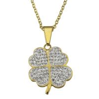 Από ανοξείδωτο χάλυβα Κολιέ, με πηλό rhinestone pave, Four Leaf Clover, χρώμα επίχρυσο, οβάλ αλυσίδα & για τη γυναίκα, 23x28mm, 2mm, Sold Per Περίπου 19 inch Strand