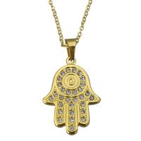 Nehrđajućeg čelika, nakit ogrlice, Nehrđajući čelik, Hamsa, zlatna boja pozlaćen, ovalni lanac & za žene & s Rhinestone, 25x35mm, 2mm, Prodano Per Približno 19 inčni Strand