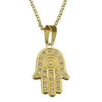 Colar de jóias de aço inoxidável, mão Hamsa, cromado de cor dourada, cadeia oval & para mulher & com strass, 19x27mm, 2mm, vendido para Aprox 19 inchaltura Strand