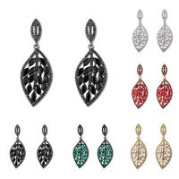 Boucles d'oreilles en alliage de zinc, acier inoxydable puce boucle d'oreille, feuille, Placage, pour femme & avec strass, plus de couleurs à choisir, sans plomb et cadmium, 27x70mm, Vendu par paire