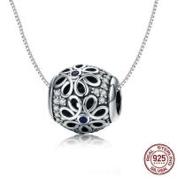 Ταϊλάνδη Sterling Silver Πανδώρα Χάντρα, Γύρος, με σχέδιο λουλουδιών & χωρίς troll & με ζιργκόν & κοίλος, 11x10mm, Τρύπα:Περίπου 4.5-5mm, Sold Με PC