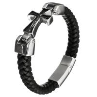 acero inoxidable Pulsera, con Cuero, Cruces, para hombre & ennegrezca, 40x21mm, 12mm, Vendido para aproximado 9 Inch Sarta