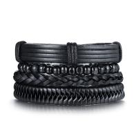 Cuero de PU Pulsera, con aleación de zinc, para hombre & 4-aro, Negro, 7mm, 11.5mm, 12.4mm, longitud aproximado 6.5 Inch, 4PCs/Set, Vendido por Set