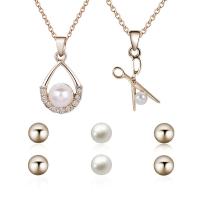 Zinc Alloy Smykker Set, ørering & halskæde, med Glass Pearl, med 1.9lnch extender kæde, guldfarve belagt, oval kæde & for kvinde & med rhinestone, nikkel, bly & cadmium fri, 13x27mm, 16x30mm, 8mm, Længde Ca. 17.7 inch, Solgt af sæt