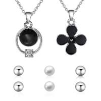 Zinc Alloy Smykker Set, ørering & halskæde, med Glass Pearl, med 1.9lnch extender kæde, Flower, sølvfarvet forgyldt, oval kæde & for kvinde & emalje & med rhinestone, nikkel, bly & cadmium fri, 14x24mm, 15x22mm, 8mm, Længde Ca. 17.7 inch, Solgt af sæt