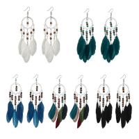 Zinc Alloy Drop Earring, med Feather & Glas Seed Beads, jern ørering krog, platin farve forgyldt, for kvinde, flere farver til valg, bly & cadmium fri, 35x110mm, Solgt af par