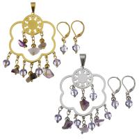 acier inoxydable parure de bijoux, pendentif & boucle d'oreille, avec cristal & améthyste, fleur, Placage, pour femme & facettes, plus de couleurs à choisir, 37x58mm, 28mm, 6x11mm, Trou:Environ 4x7mm, Vendu par fixé