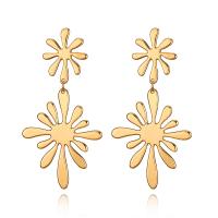 Boucles d'oreilles en alliage de zinc, acier inoxydable puce boucle d'oreille, fleur, Placage de couleur d'or, pour femme, sans plomb et cadmium, 29x59mm, Vendu par paire