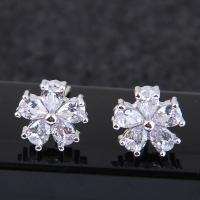 Messing Stud ørering, Flower, platineret, for kvinde & med cubic zirconia, nikkel, bly & cadmium fri, 10mm, Solgt af par