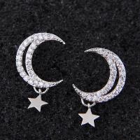 Kuutio Zirkonia Mikro Paven Messinki Korvakorut, Moon ja Star, platinoidut, Micro Pave kuutiometriä zirkonia & naiselle, nikkeli, lyijy ja kadmium vapaa, 16x11mm, Myymät Pair