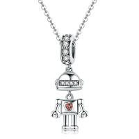 An Téalainn Sterling Silver Pendant European, Robot, micrea réiteach zirconia ciúbach & gan troll, 10x26mm, Díolta De réir PC