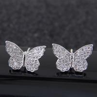 Latão Brinco, cobre, Borboleta, platinado, micro pavimento em zircônia cúbica & para mulher, níquel, chumbo e cádmio livre, 15x10mm, vendido por par