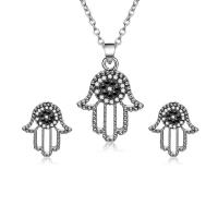 Zinklegering Sieraden Sets, Stud Oorbel & halsketting, Zinc Alloy, met 1.97lnch extender keten, Hamsa, silver plated, ovale keten & micro pave zirconia & voor vrouw, nikkel, lood en cadmium vrij, 19x28mm, 16x18mm, Lengte Ca 15.6 inch, Verkocht door Stel