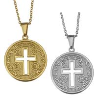 Stainless Steel smycken halsband, ROSTFRITT STÅL, med 1.5Inch extender kedja, Flat Round, plated, med cross mönster & oval kedja & med bokstaven mönster & för kvinna, fler färger för val, 30x34mm, 2mm, Såld Per Ca 17 inch Strand