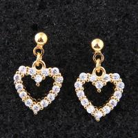 Pendientes de Gota en Latón, metal, Corazón, chapado en oro real, para mujer & con circonia cúbica, libre de níquel, plomo & cadmio, 14x10mm, Vendido por Par