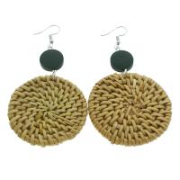 Canne Boucle d'oreille goutte, avec bois, laiton boucle d'oreille crochet, Plat rond, motif tissé & pour femme, 50x85x6mm, 10pairescouple/sac, Vendu par sac