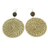 Canne Boucle d'oreille goutte, avec bois, laiton boucle d'oreille crochet, Plat rond, motif tissé & pour femme, 60x103x5mm, 10pairescouple/sac, Vendu par sac