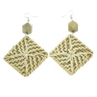 Rattan Drop Earring with Wood brass earring hook Squaredelle woven pattern & for woman Sold By Bag