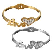 Stainless Steel Bangle, med rhinestone ler bane, Heart, ordet kærlighed, forgyldt, for kvinde, flere farver til valg, 20x14mm, 4mm, Indvendig diameter:Ca. 58x46mm, Solgt af PC