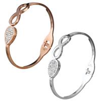 Stainless Steel Bangle, med rhinestone ler bane, Infinity, forgyldt, for kvinde, flere farver til valg, 16x12mm, 3mm, Indvendig diameter:Ca. 59x48mm, Solgt af PC