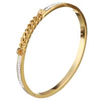 Roestvrij staal Bangle, met strass klei pave, gold plated, chain textuur & voor vrouw, 5mm, Binnendiameter:Ca 59x49mm, Verkocht door PC