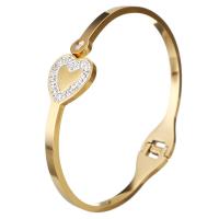 Stainless Steel Bangle, med rhinestone ler bane, Heart, guldfarve belagt, for kvinde, 15mm, Indvendig diameter:Ca. 58x48mm, Solgt af PC