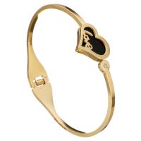 Roestvrij staal Bangle, met Hars, Hart, woord liefde, gold plated, voor vrouw & met strass, 18x16mm, 2mm, Binnendiameter:Ca 62x48mm, Verkocht door PC