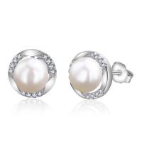 925 Sterling Silver Stud Earring, med Freshwater Pearl, naturliga & micro bana cubic zirconia & för kvinna, 10x10mm, Säljs av Par