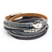 PU Cord Armbånd, med Zinc Alloy, sølvfarvet forgyldt, flerlags & med rhinestone, flere farver til valg, nikkel, bly & cadmium fri, Solgt Per Ca. 15 inch Strand