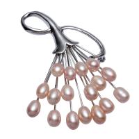 Freshwater Pearl Broche, Messing, med Ferskvandsperle, platineret, for kvinde, lyserød, nikkel, bly & cadmium fri, 67x50x13mm,5-6mm, Solgt af PC