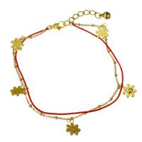 Roestvrij staal armbanden, met Nylon Koord, met 1.5Inch extender keten, Bloem, gold plated, bedelarmband & met bell & ovale keten & voor vrouw & 2-strengs, 10x13mm, 1x2.5mm, 2x1.5mm, 1mm, Per verkocht Ca 9 inch Strand