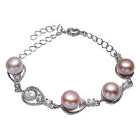 Sötvatten odlade Pearl Bracelet, Mässing, med Freshwater Pearl, platinerade, justerbar & för kvinna & med strass, nickel, bly och kadmium gratis, 23x10x9mm, Såld Per Ca 5.5 inch Strand