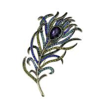 Zinc Alloy Brocher, Feather, antik bronze farve forgyldt, med rhinestone, 111x63mm, Solgt af PC