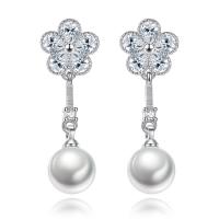 Prás Buail Earring, le ABS Pearl plaisteach, platanam plátáilte, do bhean & le zirconia ciúbach & le rhinestone, nicil, luaidhe & caidmiam saor in aisce, 8x30mm, Díolta De réir Péire