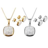 Nerez Šperky Set, náušnice & náhrdelník, s drahokamu jíl Pave, s 2Inch extender řetězce, Náměstí, á, oválný řetězu & pro ženy, více barev na výběr, 17x21mm, 1.5mm, 10x10mm, Délka Cca 18 inch, Prodáno By nastavit