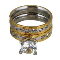 nehrđajućeg Čelik vještački dijamant Finger Ring, Nehrđajući čelik, pozlaćen, za žene & s Rhinestone, 10mm, Veličina:6, 2računala/Set, Prodano By Set