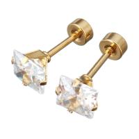 Roestvrij staal piercing oorbel, met Kristal, gold plated, voor vrouw & gefacetteerde, 7x7x14mm, 12paren/Lot, Verkocht door Lot