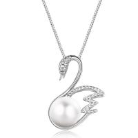 925 Sterling Sølv Pendel, med Plastic Pearl, Swan, sølvfarvet forgyldt, med rhinestone, 14.4x20.8mm, Solgt af PC